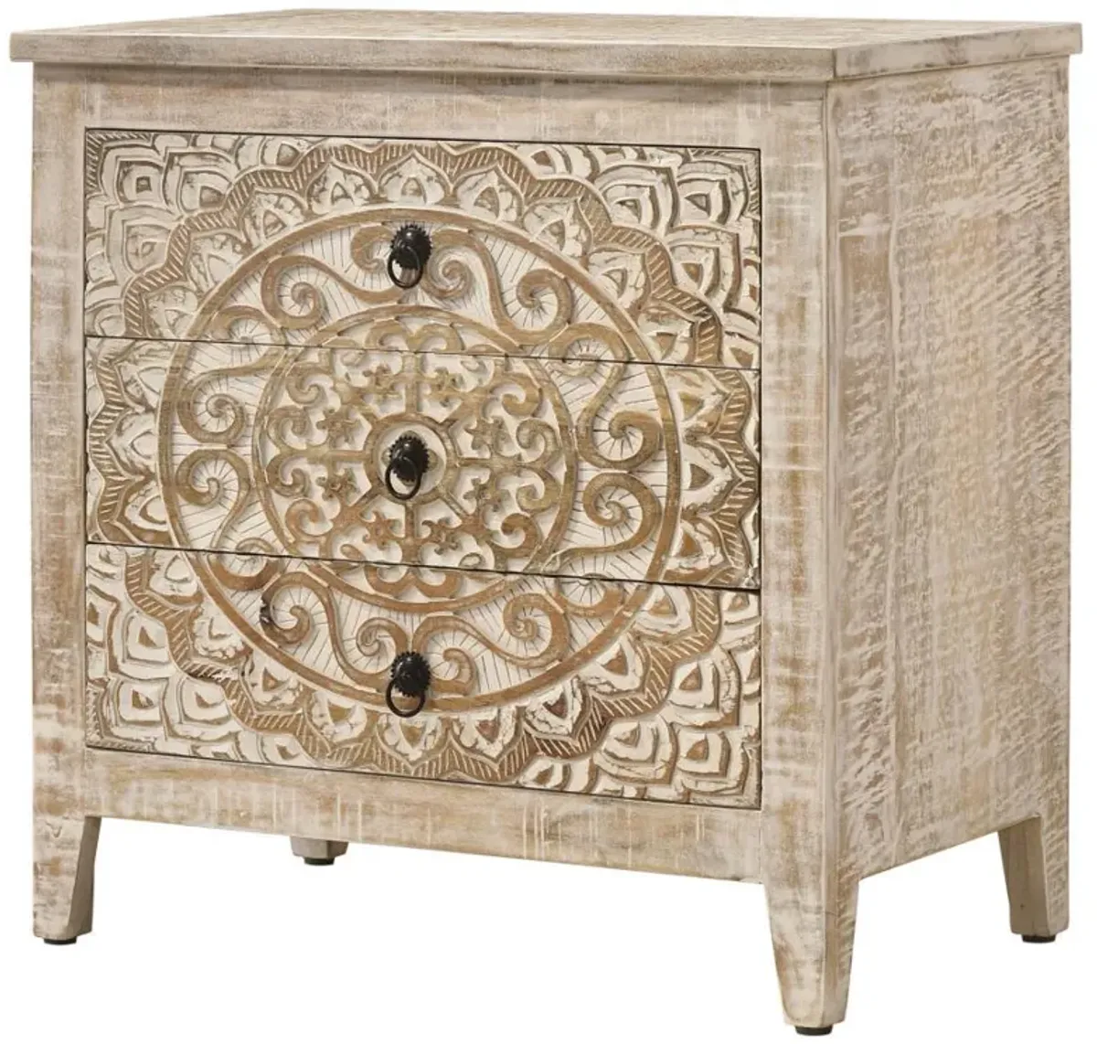 Mariska - 3-Drawer Wood Mandala Cabinet - Distressed White