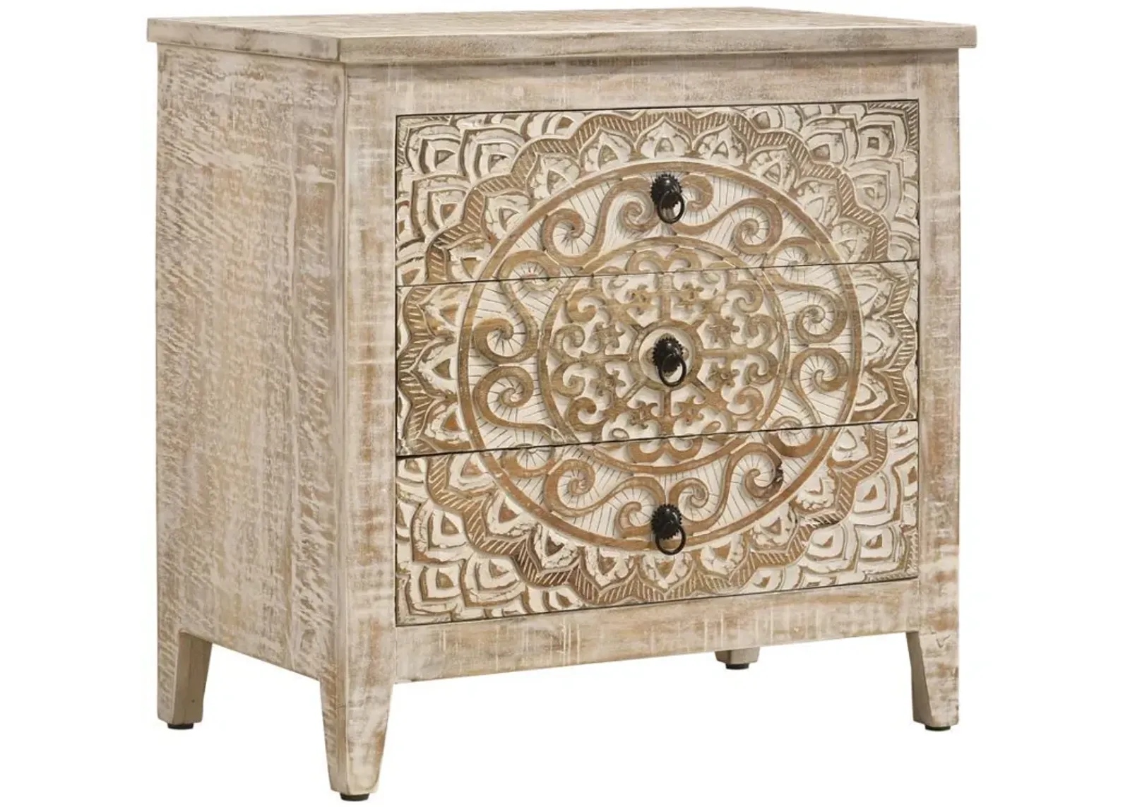 Mariska - 3-Drawer Wood Mandala Cabinet - Distressed White