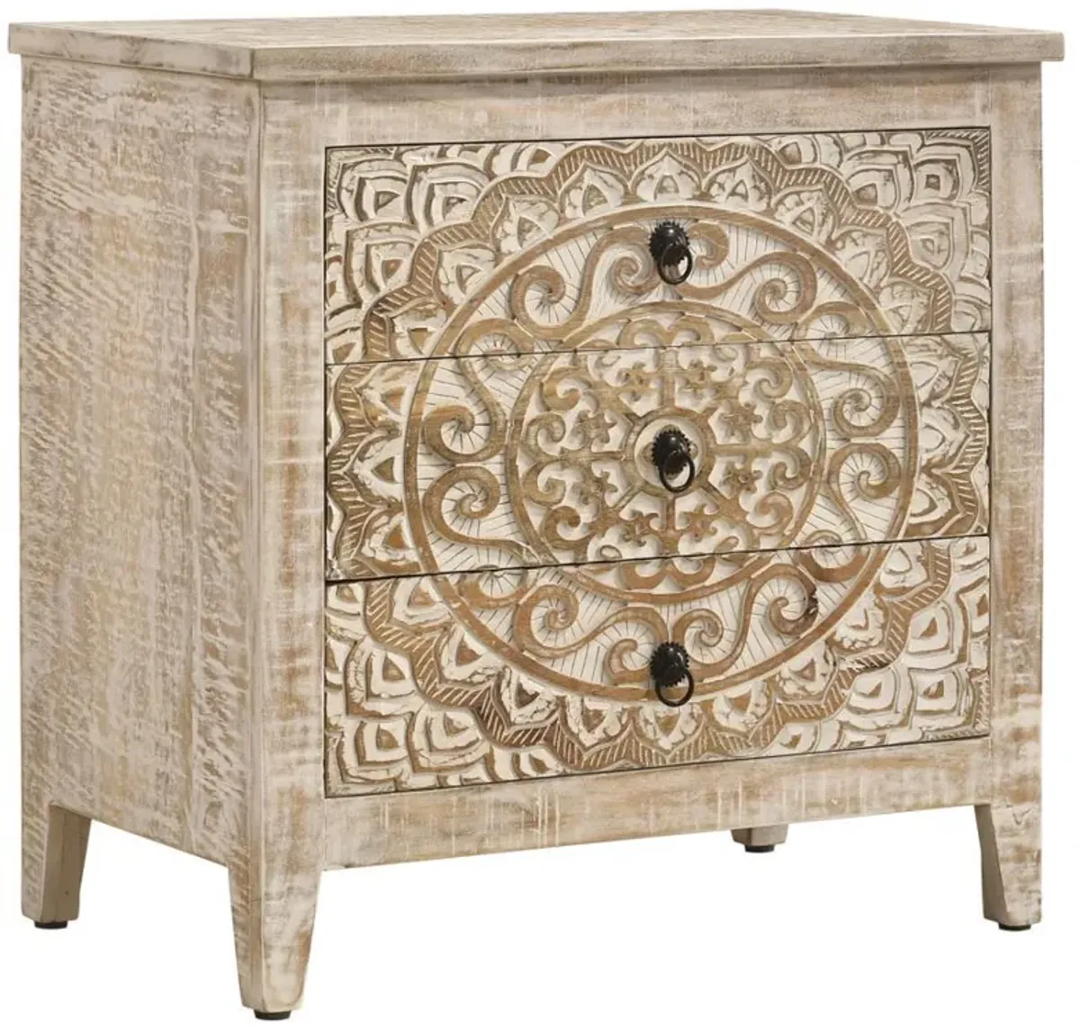 Mariska - 3-Drawer Wood Mandala Cabinet - Distressed White