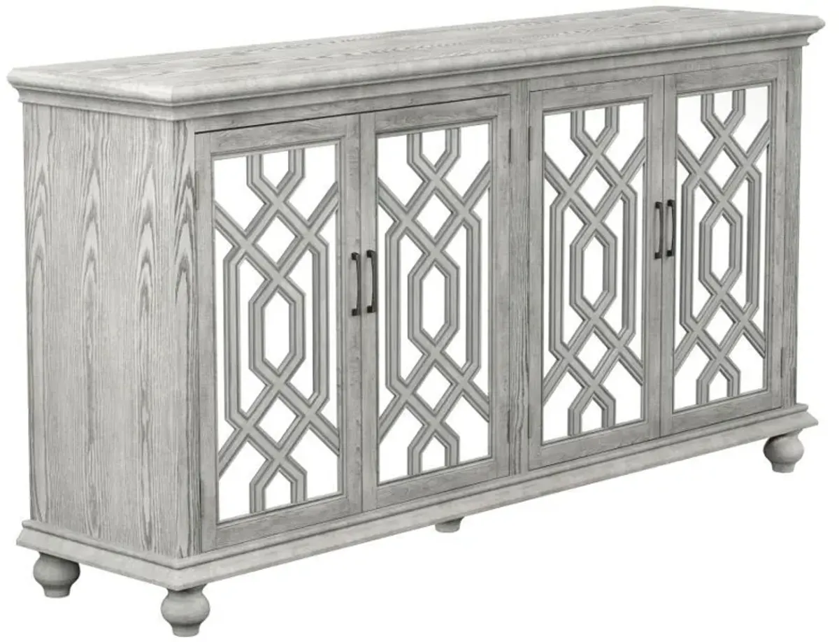 Melanie - 4 Door Wood Trellis Accent Cabinet - Distressed White