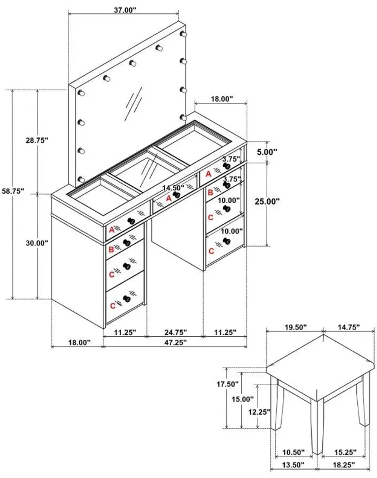 Regina - Makeup Vanity Table Set With Lighting - White