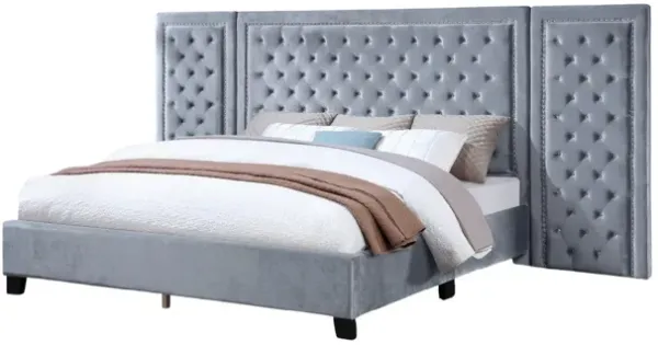 Silver Gray Velvet 3-Piece Queen Panel Bed with Extended Tufted Headboard