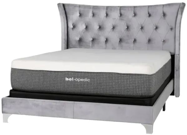 Grey Velvet Wingback Upholstered Bed with Crystal Tufting