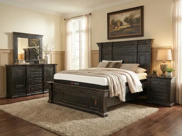 Rustic Traditional Dark Cherry 6-Piece Bedroom Set with Panel Bed, Dresser, Mirror & Nightstand