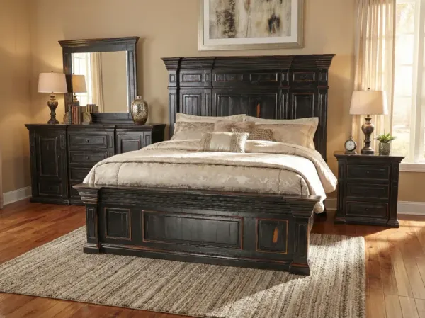 Rustic Traditional Dark Cherry 6-Piece Bedroom Set with Panel Bed, Dresser, Mirror & Nightstand