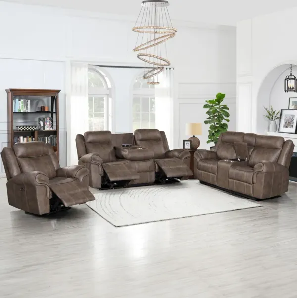 Brown Power Reclining Living Room Set: Power Reclining Sofa, Power Reclining Chair, Stationary Loveseat