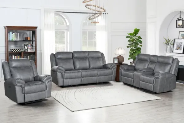 Gray 3-Piece Reclining Living Room Set – Sofa w/ Drop-Down Table, Console Loveseat & Recliner
