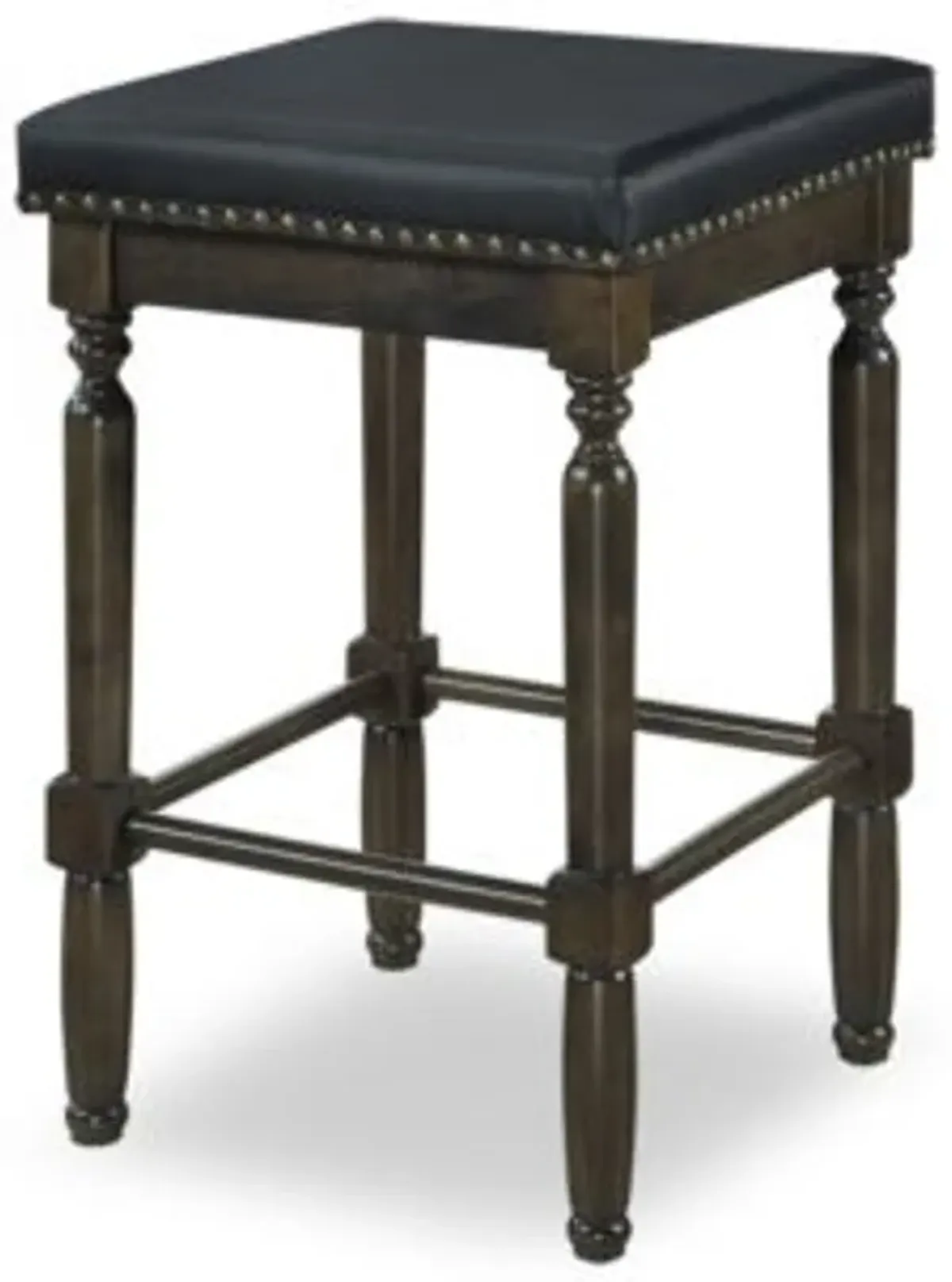 Traditional Dark Wood Bar Stool with Black Upholstered Seat