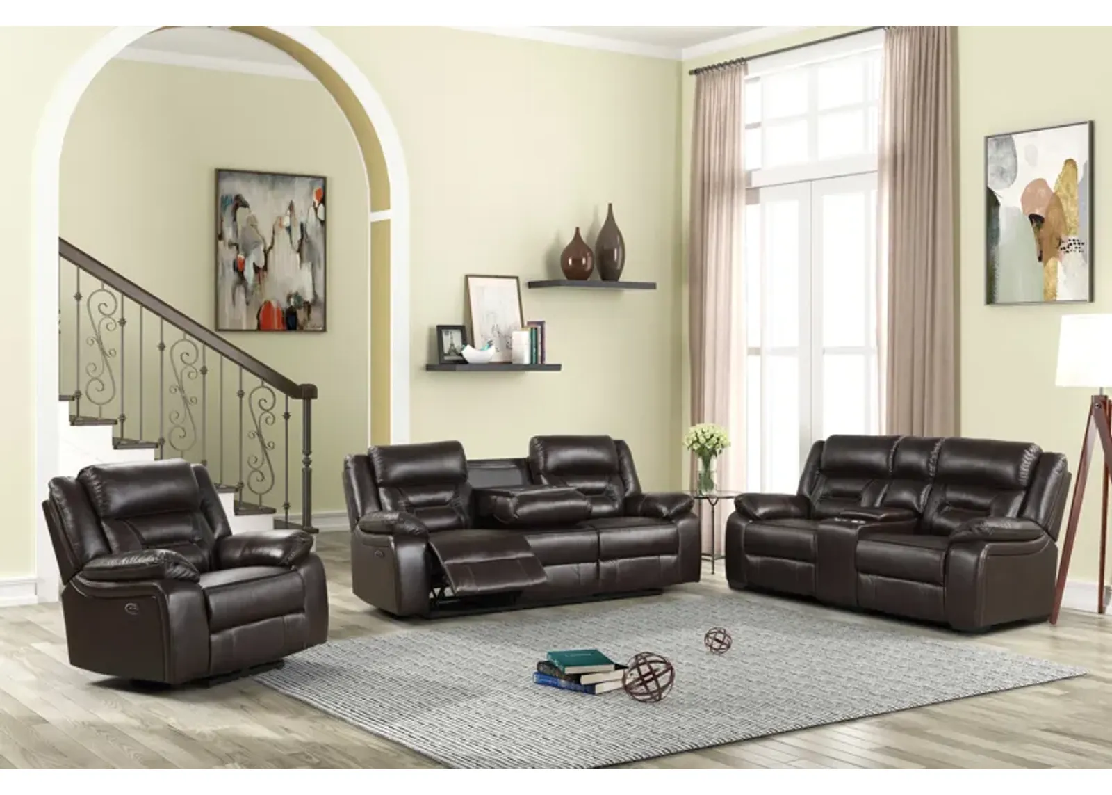 3 Piece Living Room Set: Power Reclining Sofa, Power Reclining Chair, Stationary Loveseat