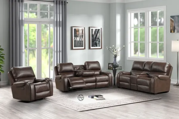 Brown Air-Leather 3-Piece Power Reclining Living Room Set