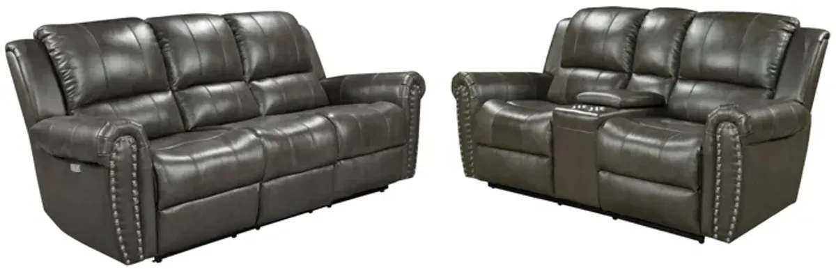 2-Piece Living Room Set: Power Reclining Sofa & Stationary Loveseat - Top Grain Leather