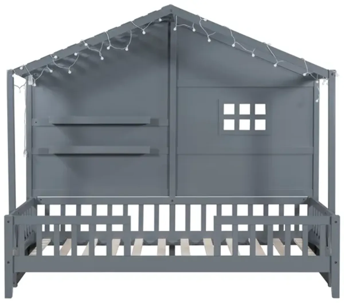 Twin Size House Bed with Shelves - Grey