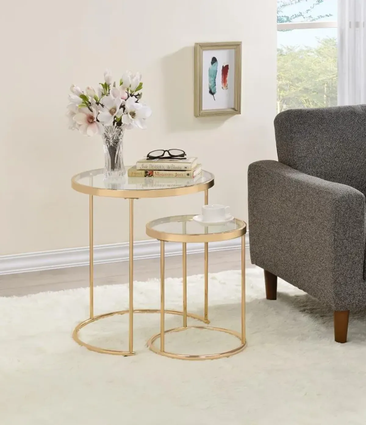 Maylin - 2 Piece Round Glass Top Nesting Tables - Gold