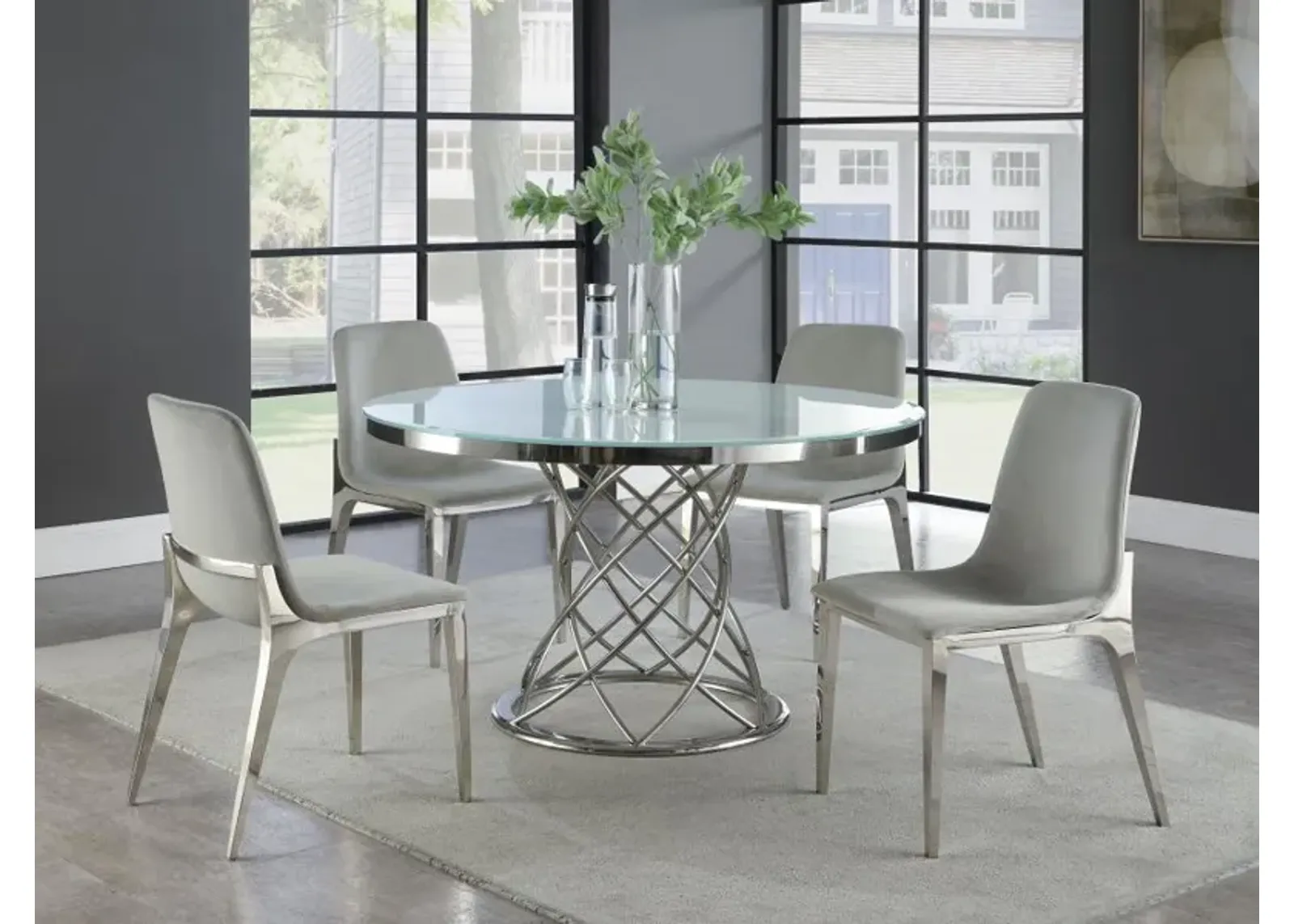 Irene - 5 Piece Round Glass Top Dining Set - White And Chrome