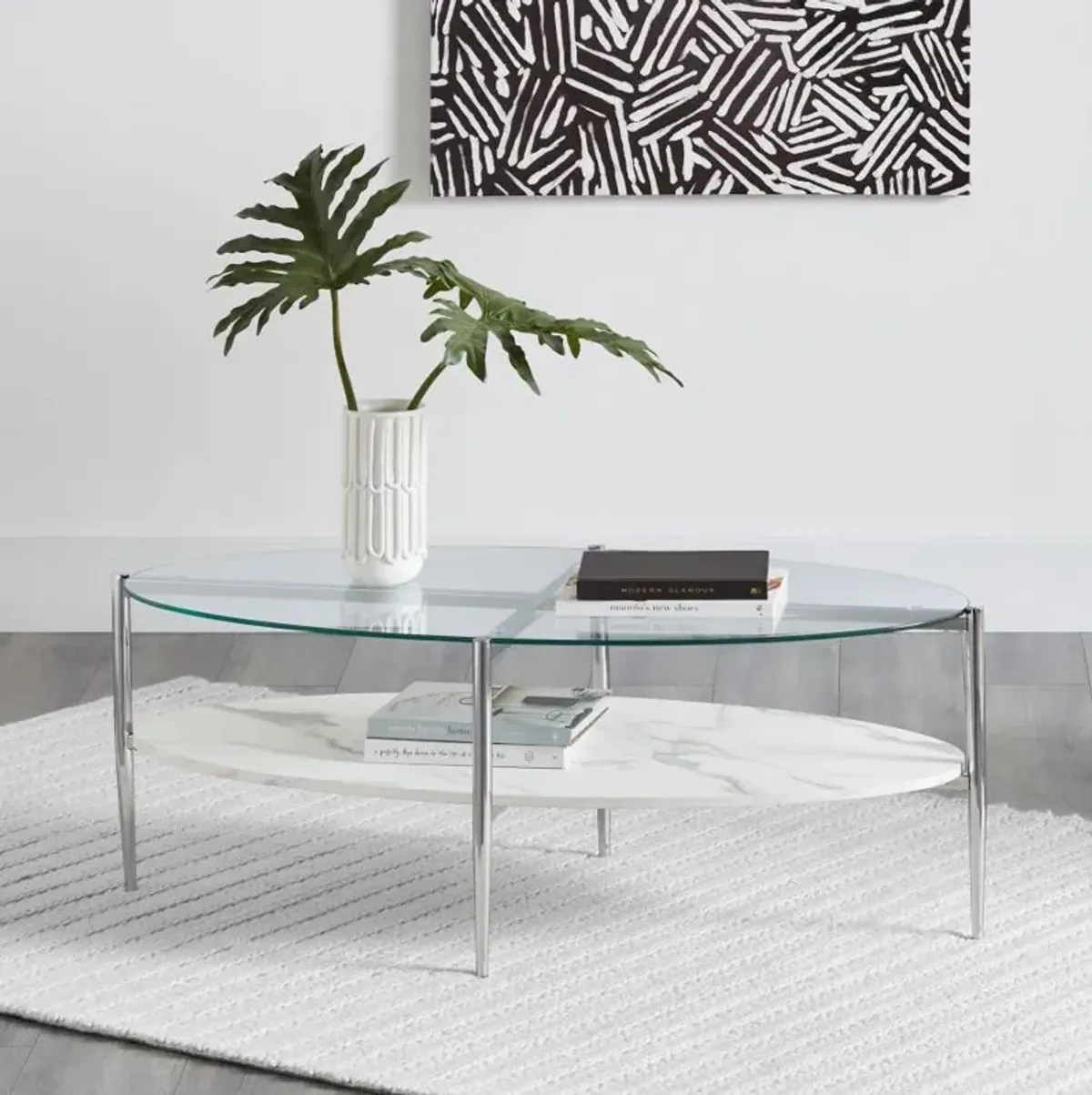 Cadee - Oval Glass Top Coffee Table - White And Chrome