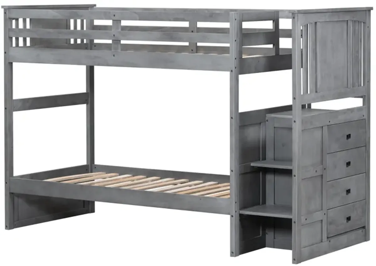 Gray Stairway Twin Over Twin Bunk Bed with Built-In Storage Drawers