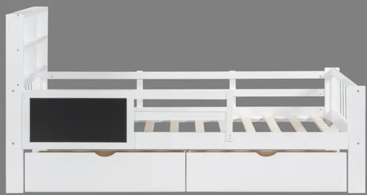 Twin Size Bed with Bookcase Headboard and Two Drawers - White