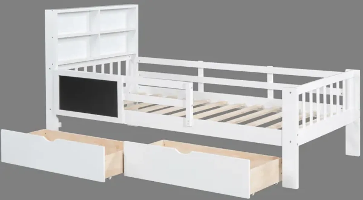 Twin Size Bed with Bookcase Headboard and Two Drawers - White
