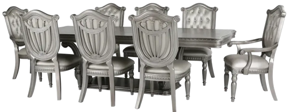 9-Piece Glam Silver Formal Dining Set with Extension Table