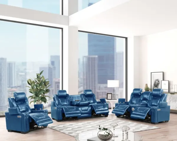 3-Piece Blue Power Reclining Living Room Set w/ Power Headrests, Storage, Reading Light, Built-in Speakers