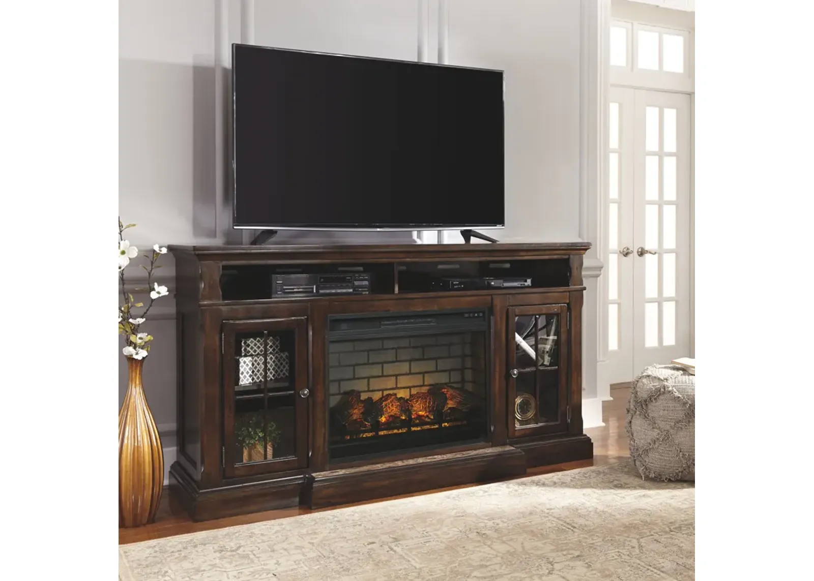 Roddinton - Dark Brown - 2 Pc. - 74" TV Stand With Electric Infrared Fireplace Insert