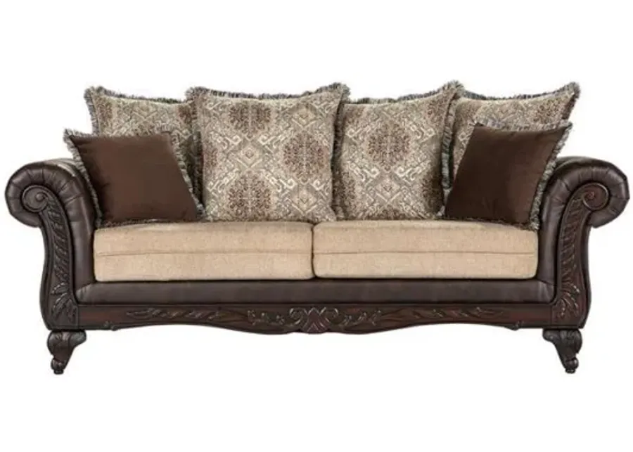 Elmbrook - Upholstered Rolled Arm Sofa With Intricate Wood Carvings - Brown