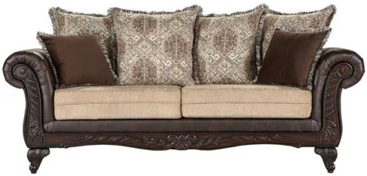 Elmbrook - Upholstered Rolled Arm Sofa With Intricate Wood Carvings - Brown