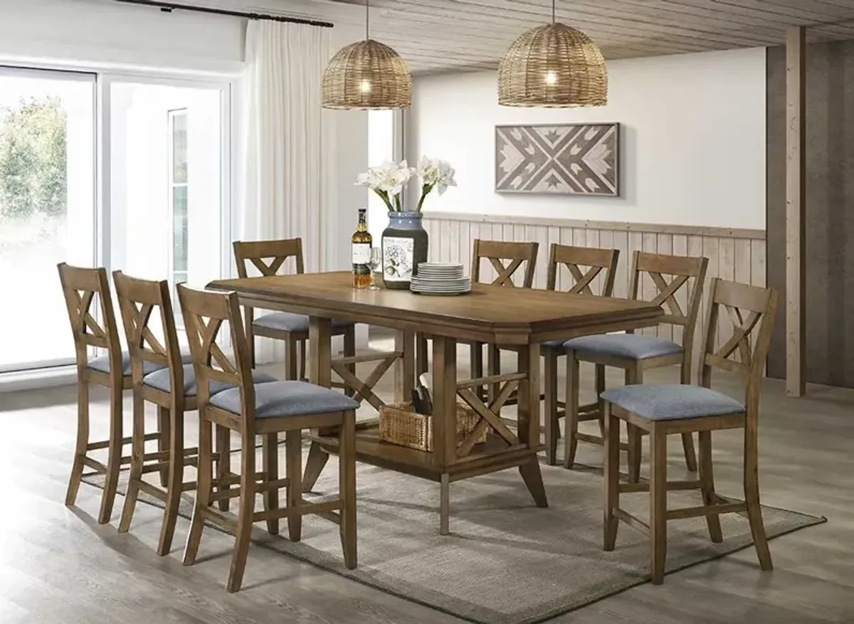 Sierra Oak 9-Piece Counter-Height Dining Set with Storage Table & Upholstered X-Back Stools