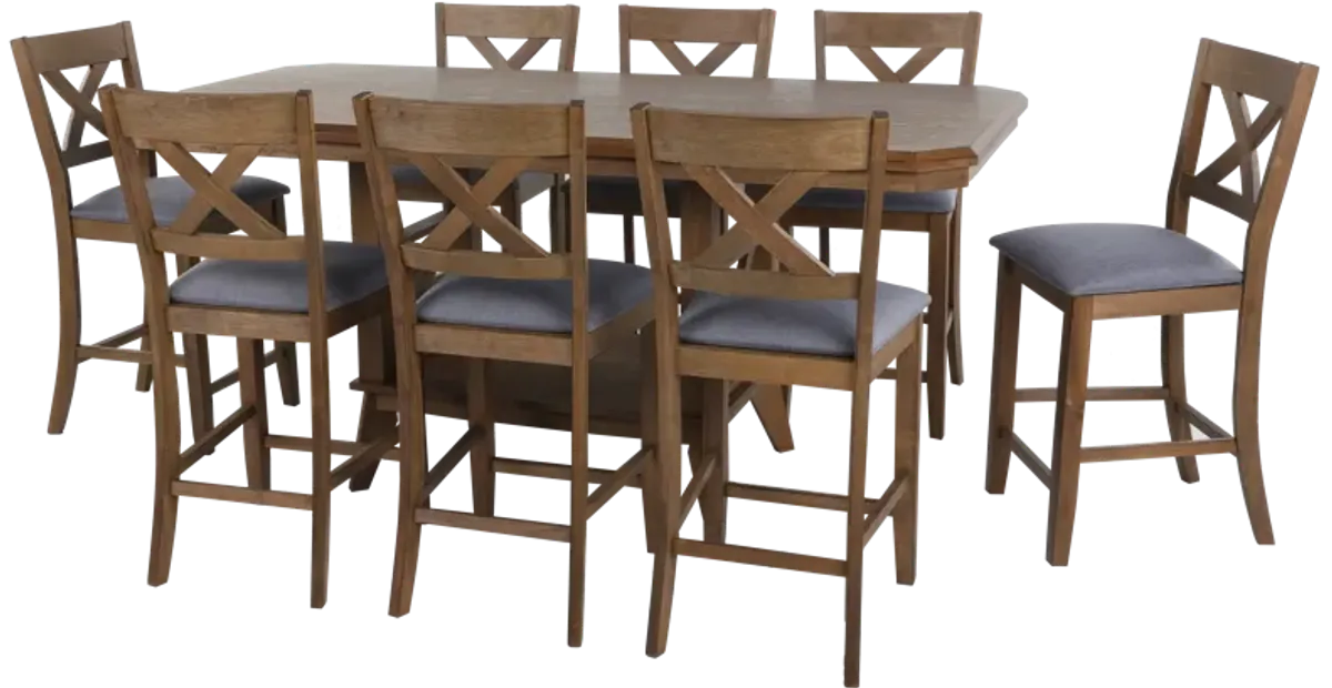 Sierra Oak 9-Piece Counter-Height Dining Set with Storage Table & Upholstered X-Back Stools
