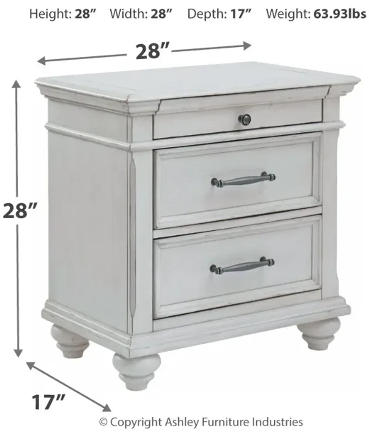 Kanwyn - Whitewash - Three Drawer Night Stand