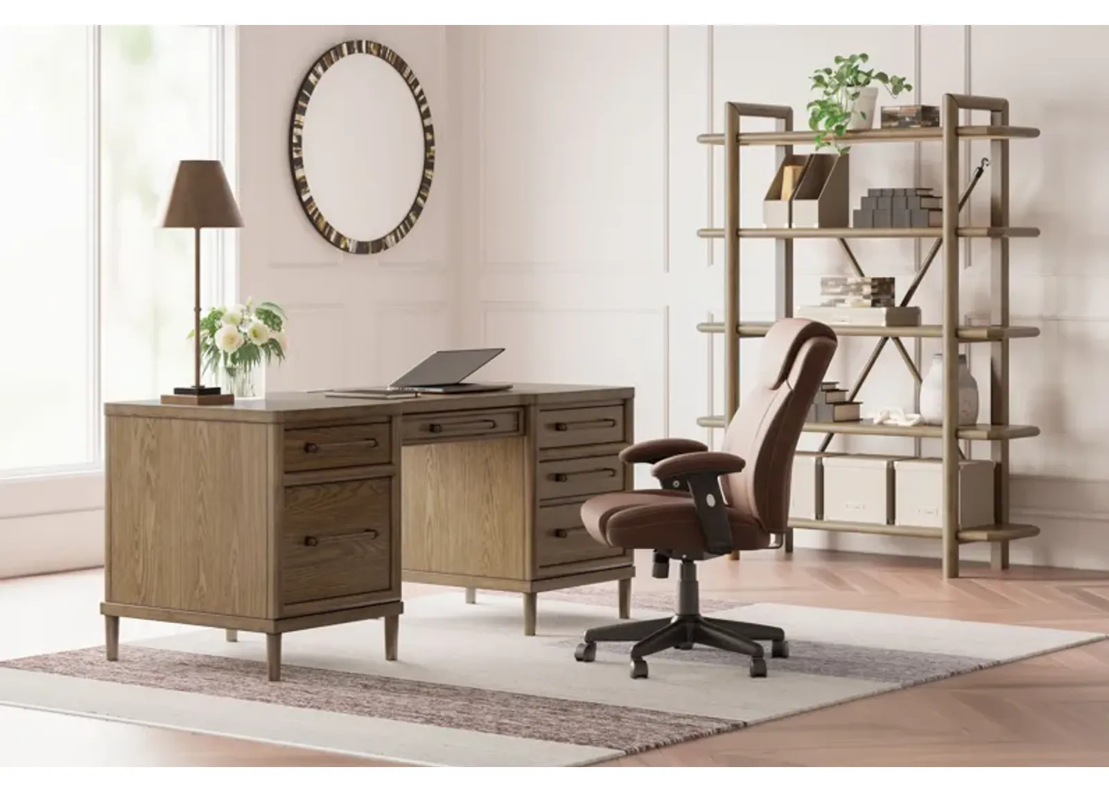 Roanhowe - Brown - 3 Pc. - Home Office Desk, Bookcase, Swivel Desk Chair