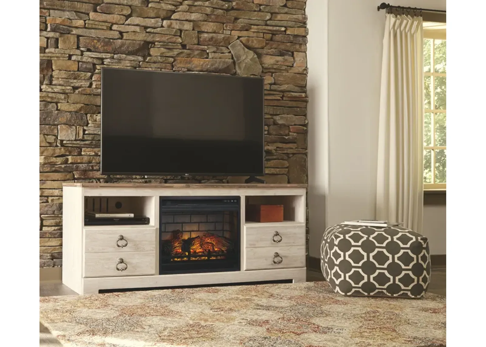 Willowton - Whitewash - 2 Pc. - 64" TV Stand With Faux Firebrick Fireplace Insert