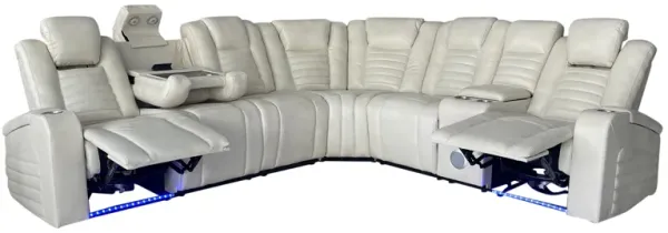 Modern Contemporary Cream Power Reclining Sectional w/ Power Headrests, LED, Wireless + USB Charging, Storage & Bluetooth Console