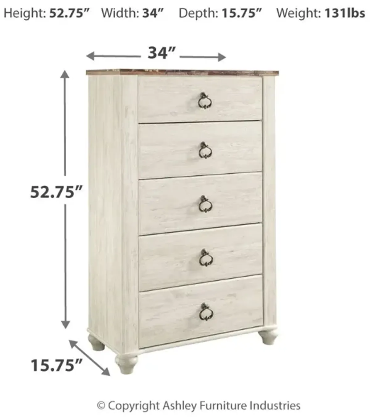 Willowton - Brown / Beige / White - Five Drawer Chest