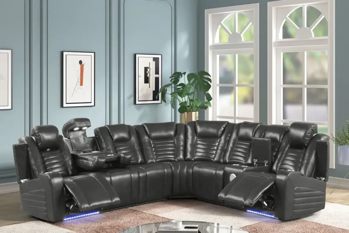 Modern Black Air Leather Power Reclining Sectional w/ Power Headrests, LED, Reading Light & Wireless/USB Charging
