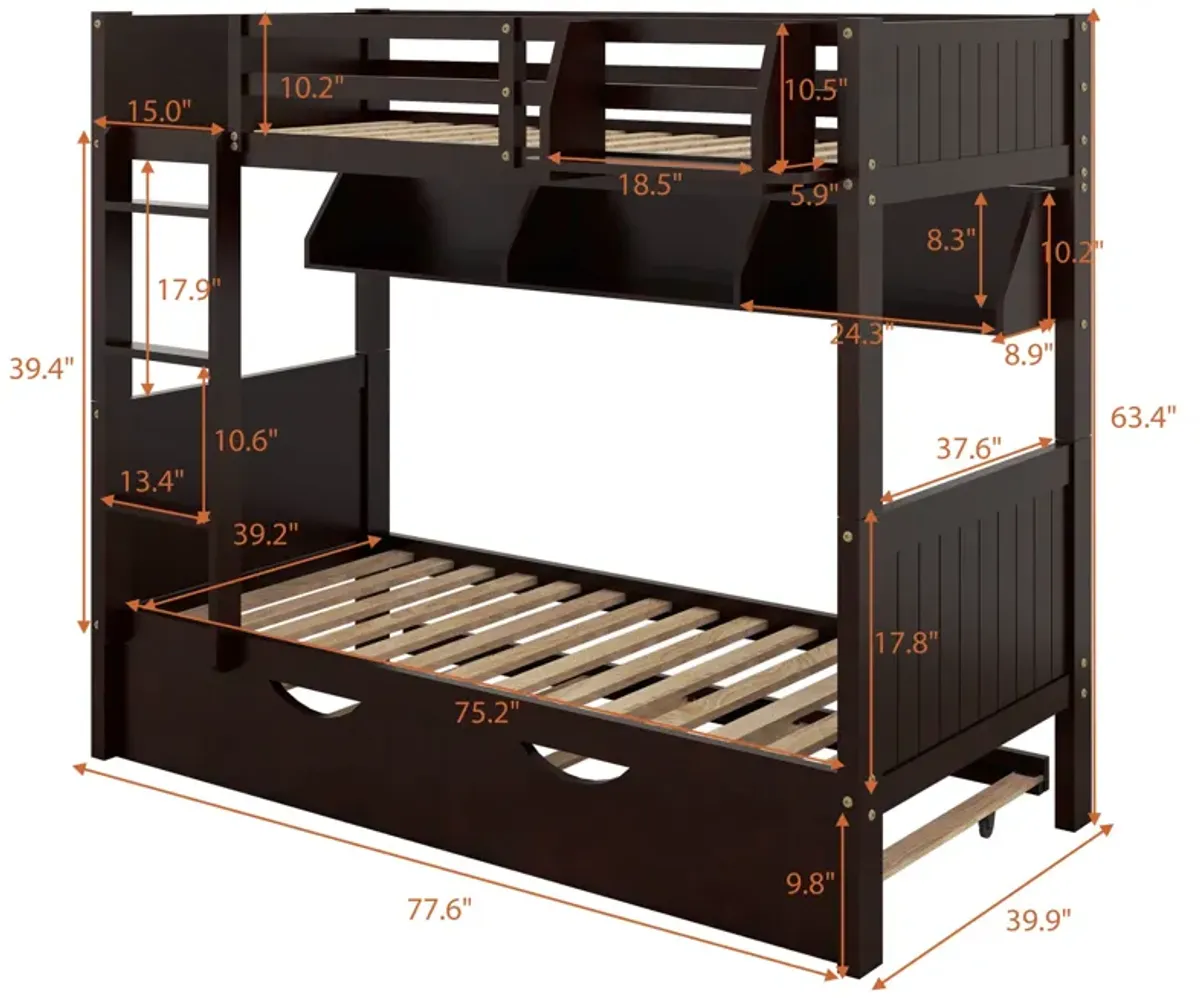 Twin-over-Twin Bunk Bed with Trundle and Bookshelf