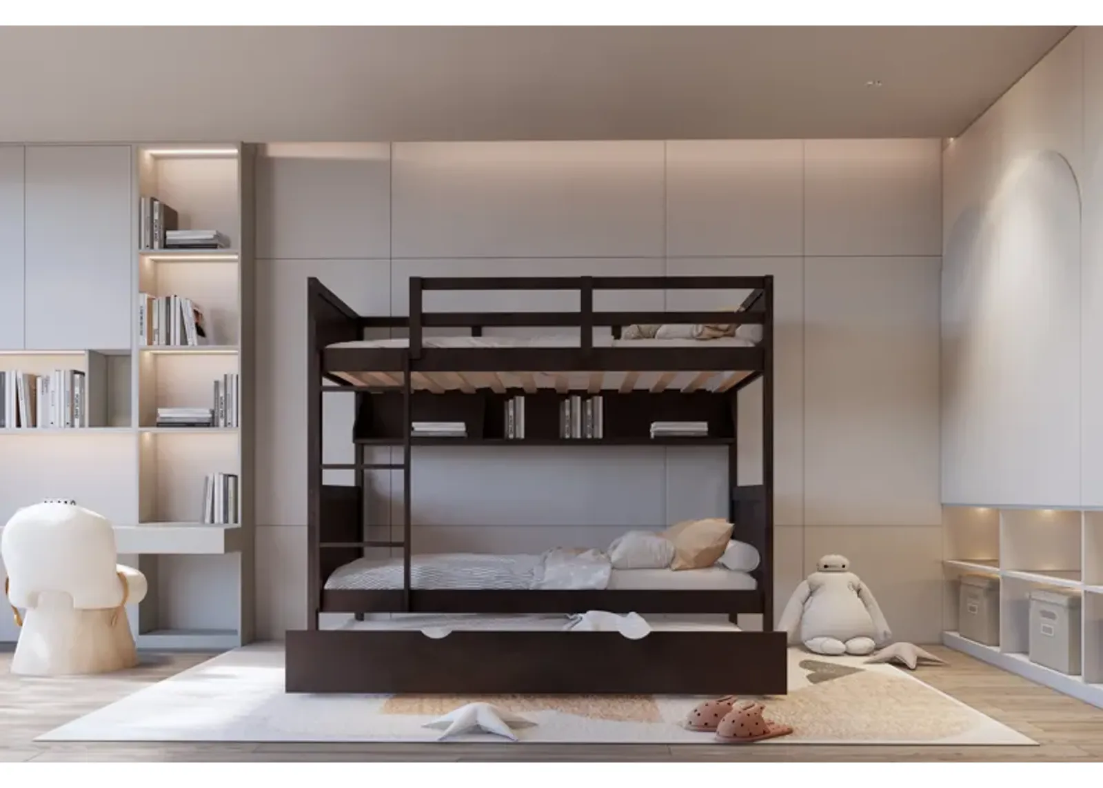 Twin-over-Twin Bunk Bed with Trundle and Bookshelf