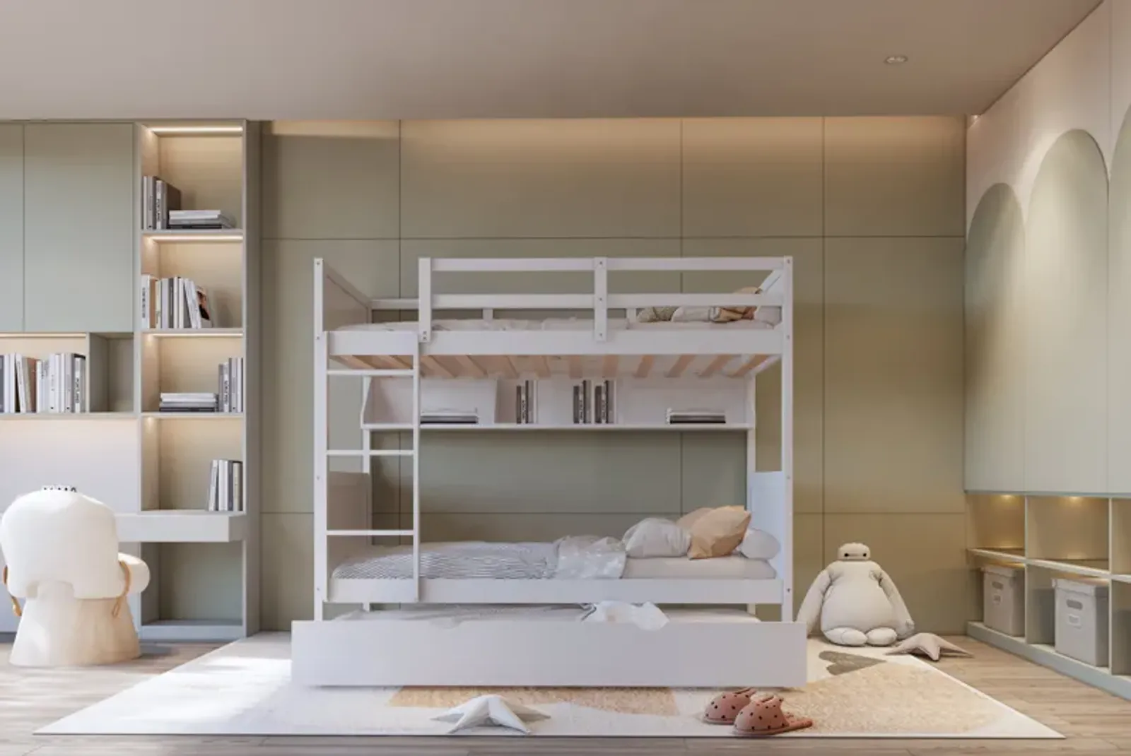 Twin-over-Twin Bunk Bed with Trundle and Bookshelf