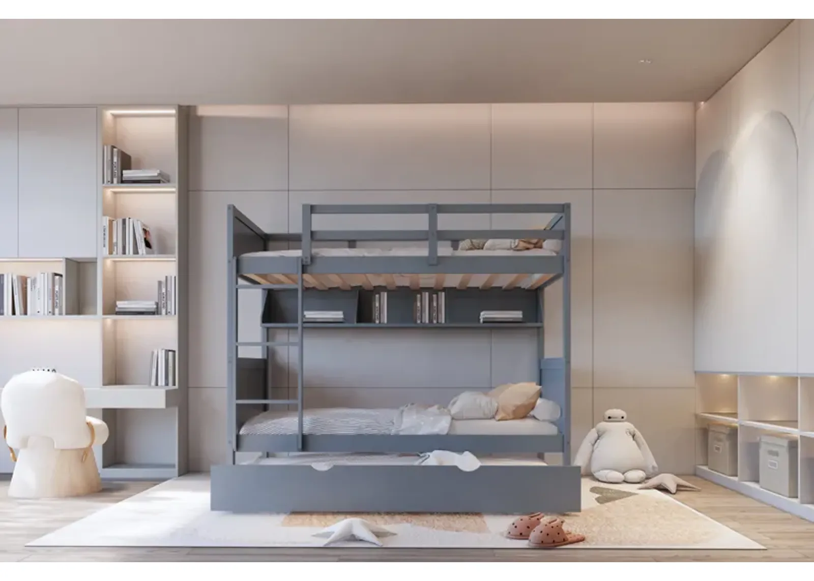 Twin-over-Twin Bunk Bed with Trundle and Bookshelf