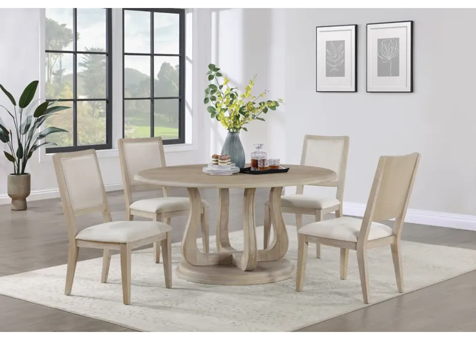 Trofello - 5 Piece Round Dining Table Set - White Washed