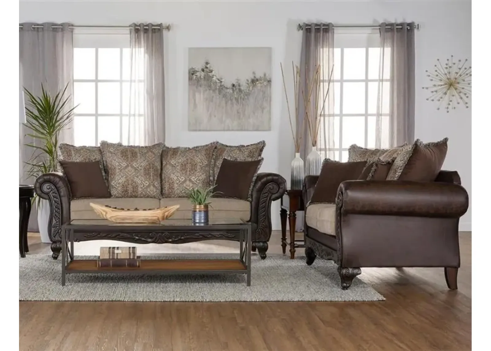 Elmbrook - Upholstered Rolled Arm Sofa Set With Intricate Wood