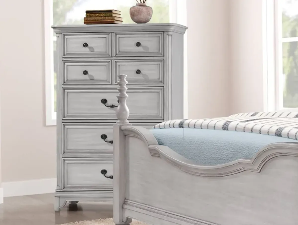 Farmhouse Antique White Chest – Tall 5-Drawer Storage with Felt-Lined Top Drawer & Antique Brass Hardware