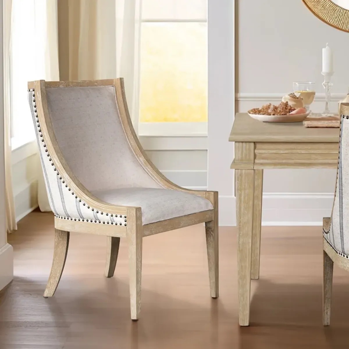 Elmcrest - Upholstered Dining Chair With Nailhead Trim - Beige Stripe