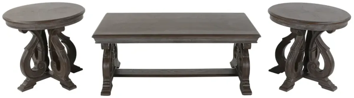 Reclaimed Grey Oak Scroll-Base 3-Piece Coffee Table Set