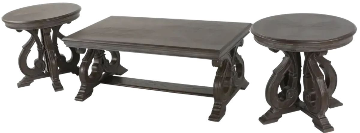 Reclaimed Grey Oak Scroll-Base 3-Piece Coffee Table Set