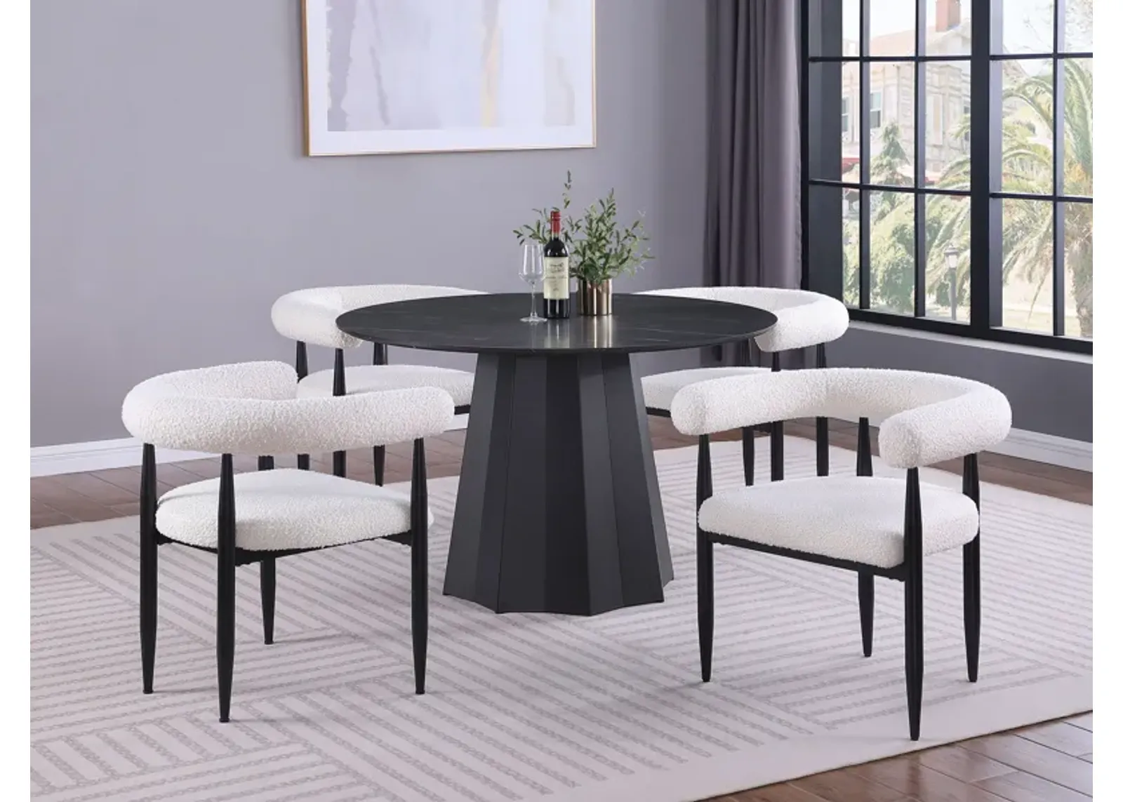 Camden - 5 Piece Round Faux Marble Top Dining Table Set - Black