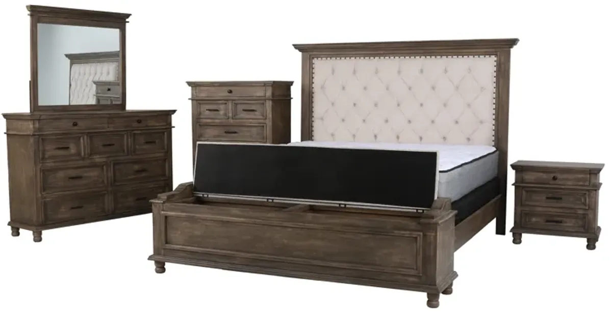 Brown Rustic Upholstered 6 Piece King Bedroom Set with Storage Bench