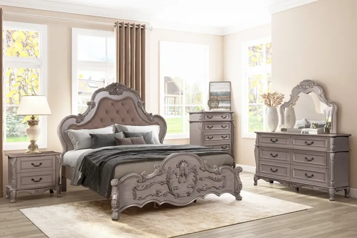 Baroque Gray 6-Piece Bedroom Set with Tufted Upholstered Bed, Dresser, Mirror & Nightstand