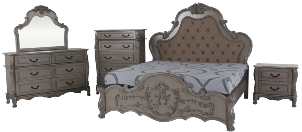 Baroque Gray 6-Piece Bedroom Set with Tufted Upholstered Bed, Dresser, Mirror & Nightstand