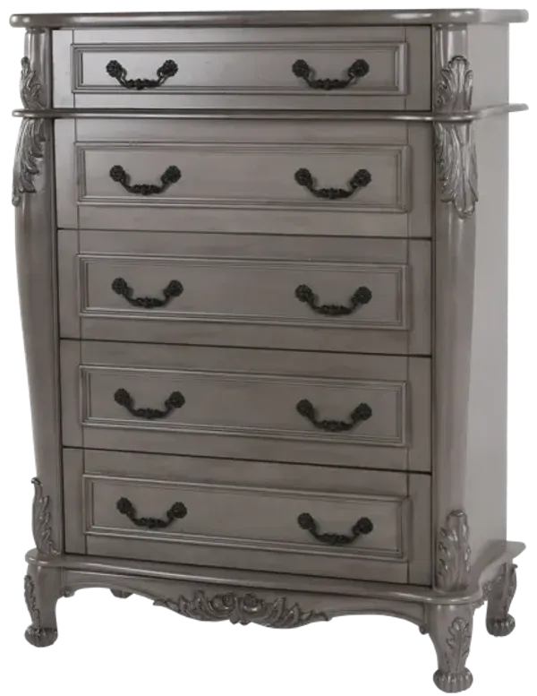 Baroque Gray 5-Drawer Chest with Carved Details & Felt-Lined Top Drawer